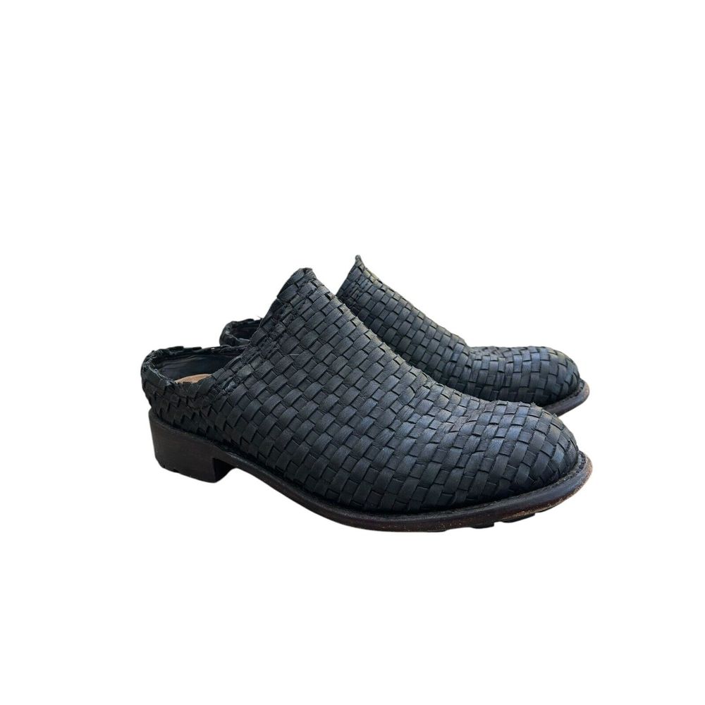 John Fluevog Tullia Woven Black Leather Slip On Mules, Size 7